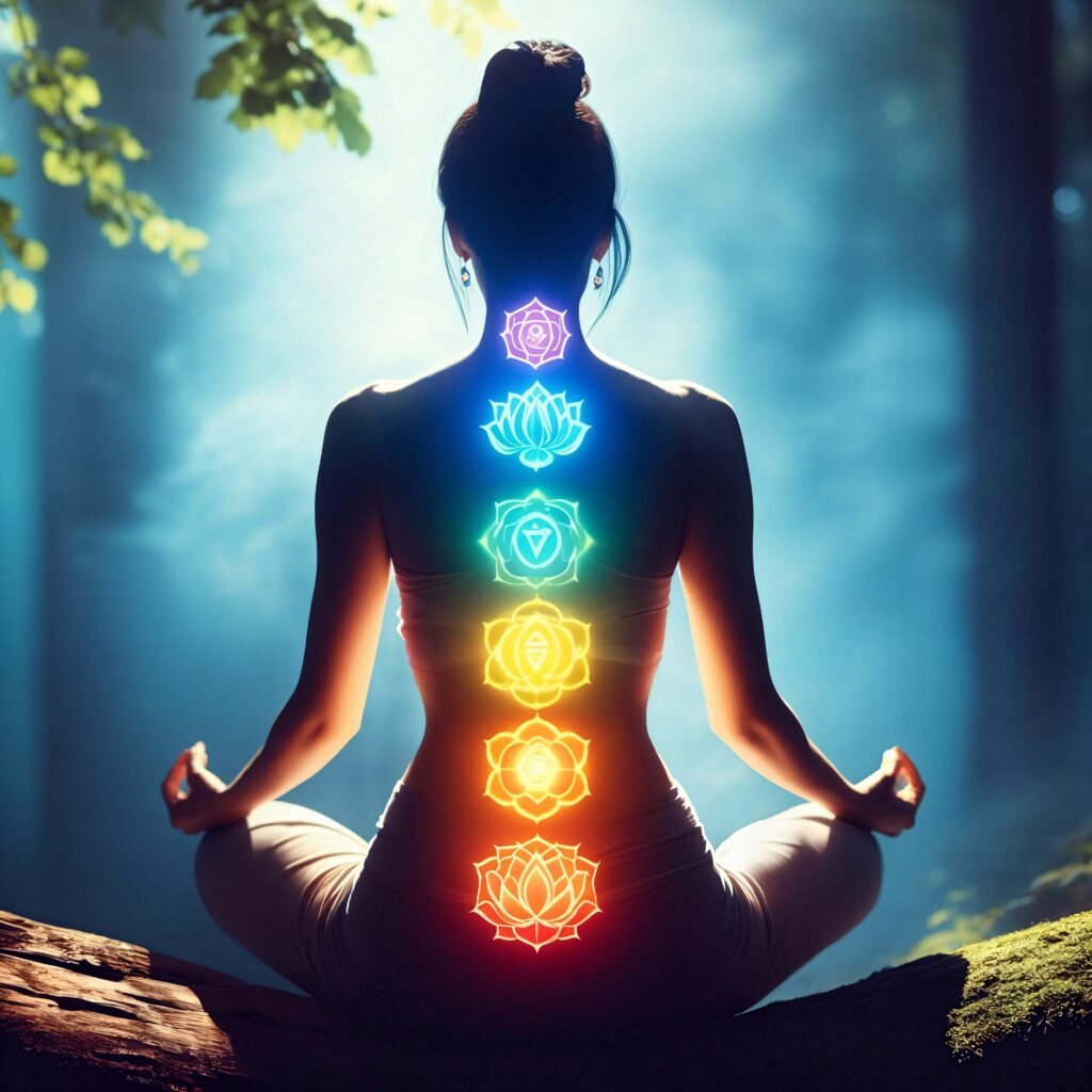 Femme de dos qui médite, les chakras sont dessinés dans son dos